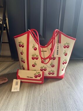 Steve Madden Cream Tote with Red Cherry Print and Red Trim with matching wallet